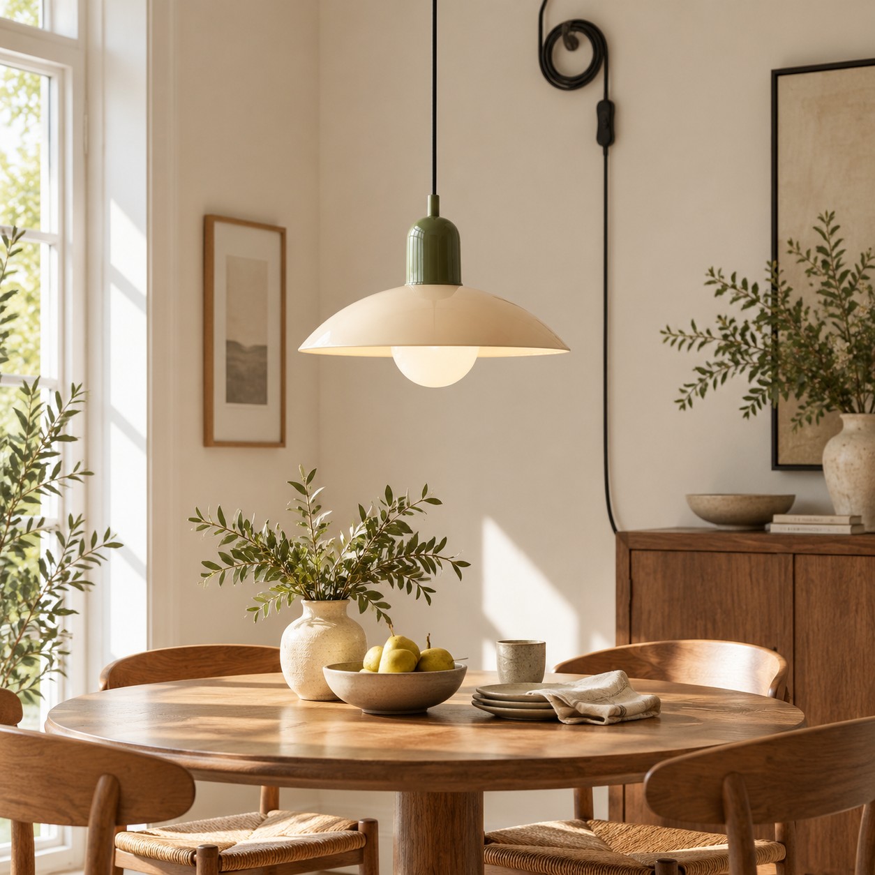 Mid Century Bauhaus plug-in pendant light in a dining room