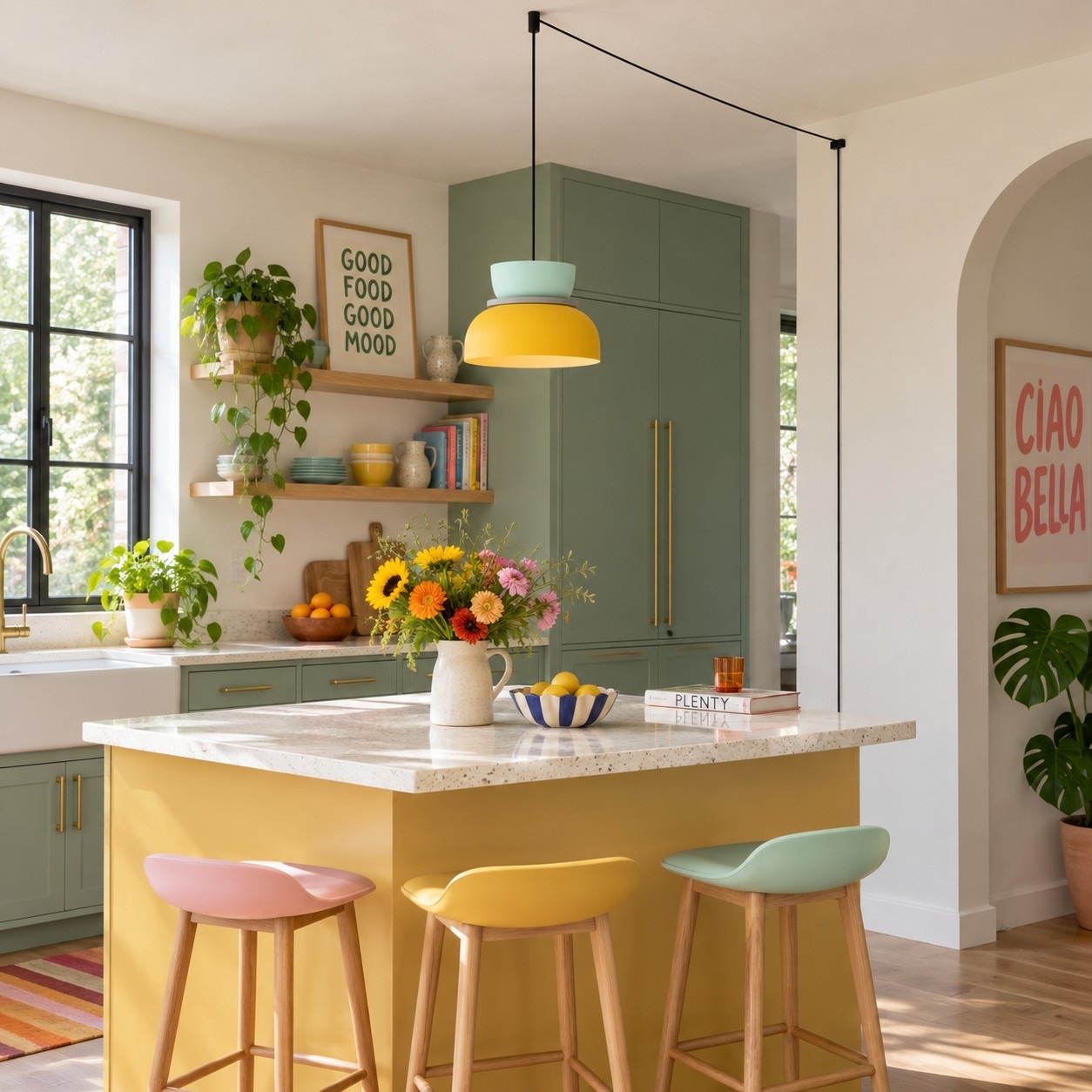 Yellow and pale green Macri pendant above a kitchen island