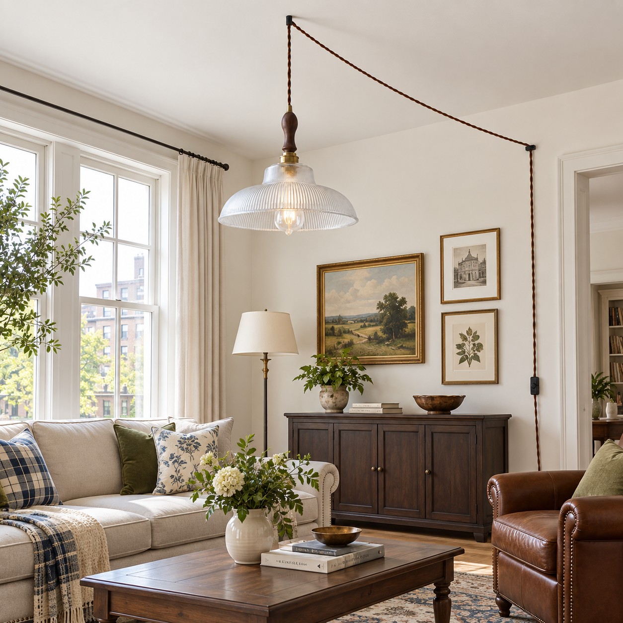 Plug-in swag pendant in a living room