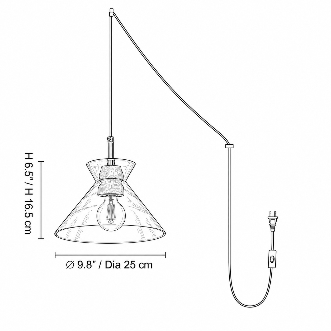 Style B dimension diagram: ∅ 9.8″ × H 6.5″ / D25 cm × H 16.5 cm