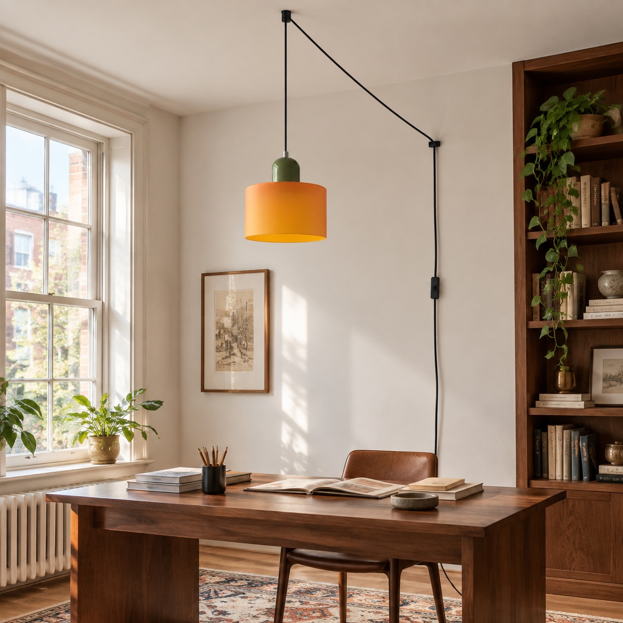 Plug-in pendant light in a study room