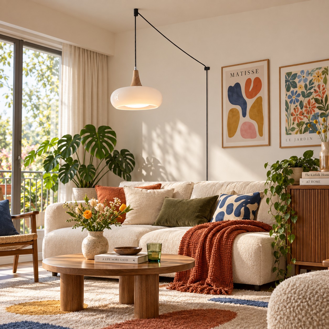 White glass wood pendant over a living room sofa