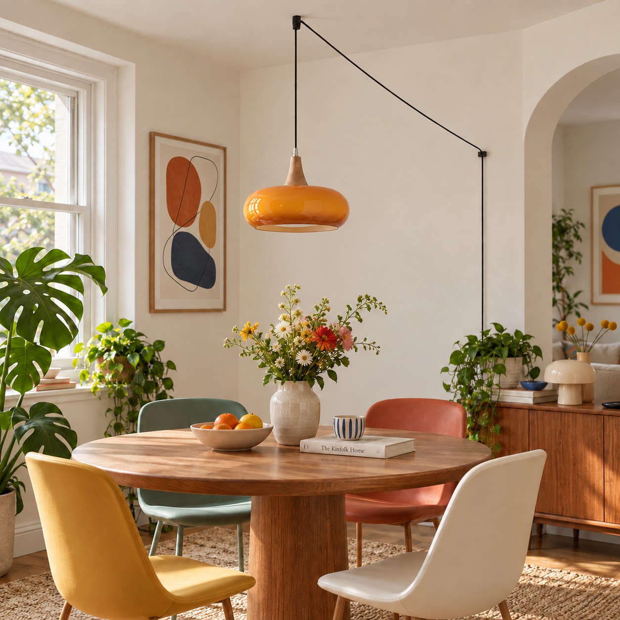 Orange glass wood pendant over a dining table