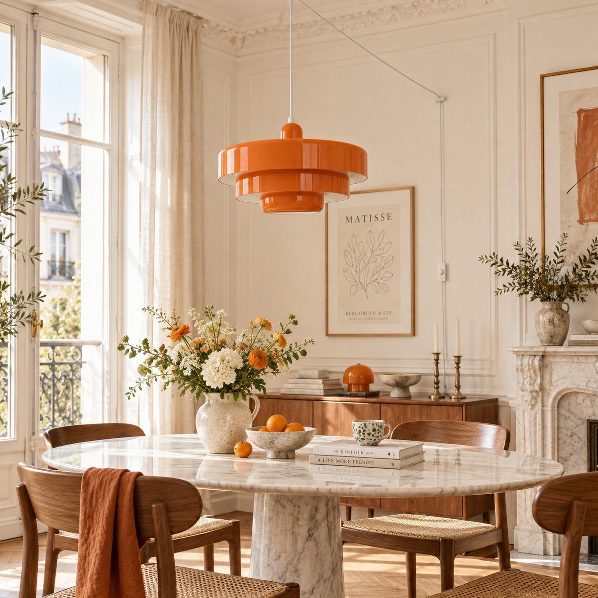 Suspension orange éteinte dans une salle à manger lumineuse