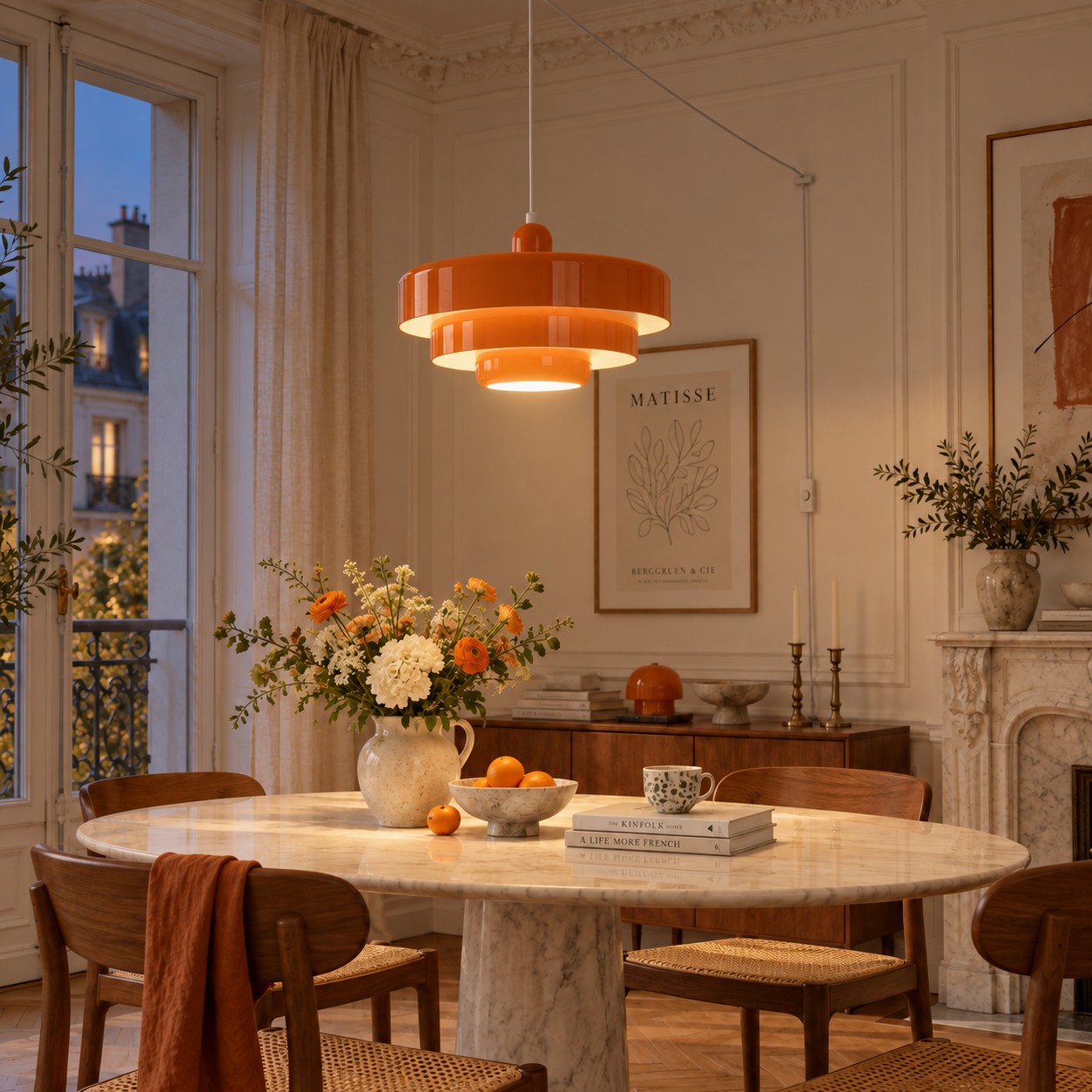 Une suspension orange a été allumée dans la même salle à manger.