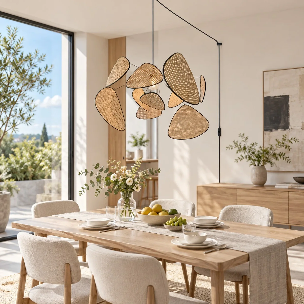 Layered bamboo chandelier above a bright dining table