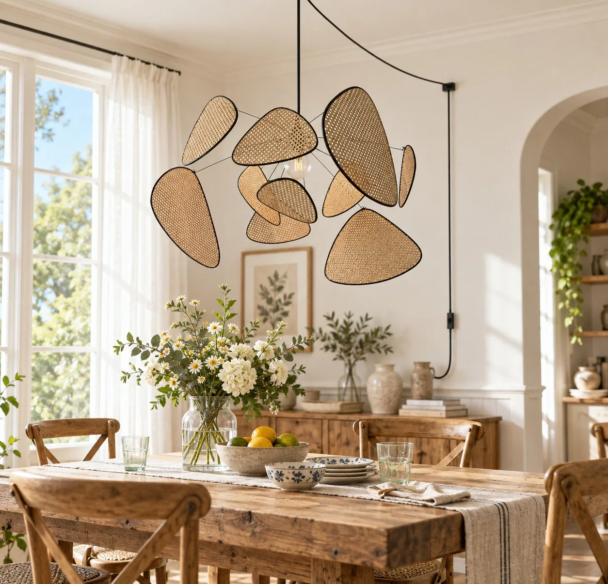Layered bamboo chandelier unlit in a bright dining room