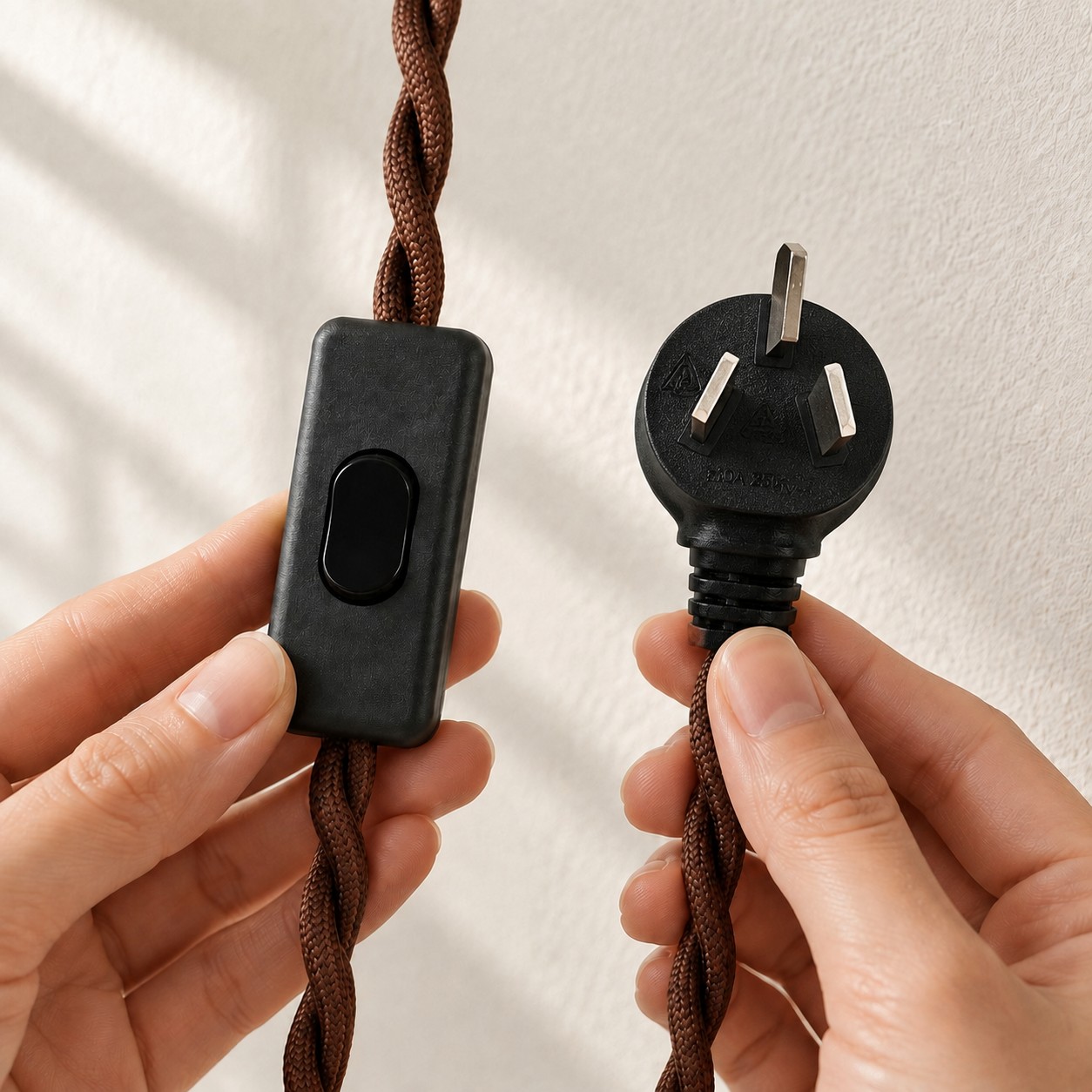 Enchufe de tres clavijas en ángulo AU e interruptor en línea en el cable trenzado marrón