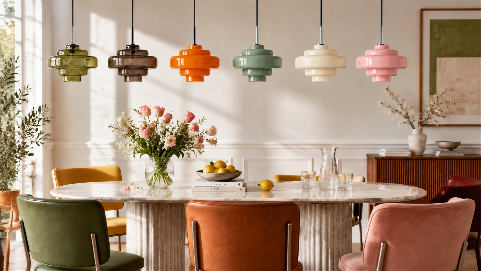 Koloro Millie glass pendants in twelve color finishes, lineup view one