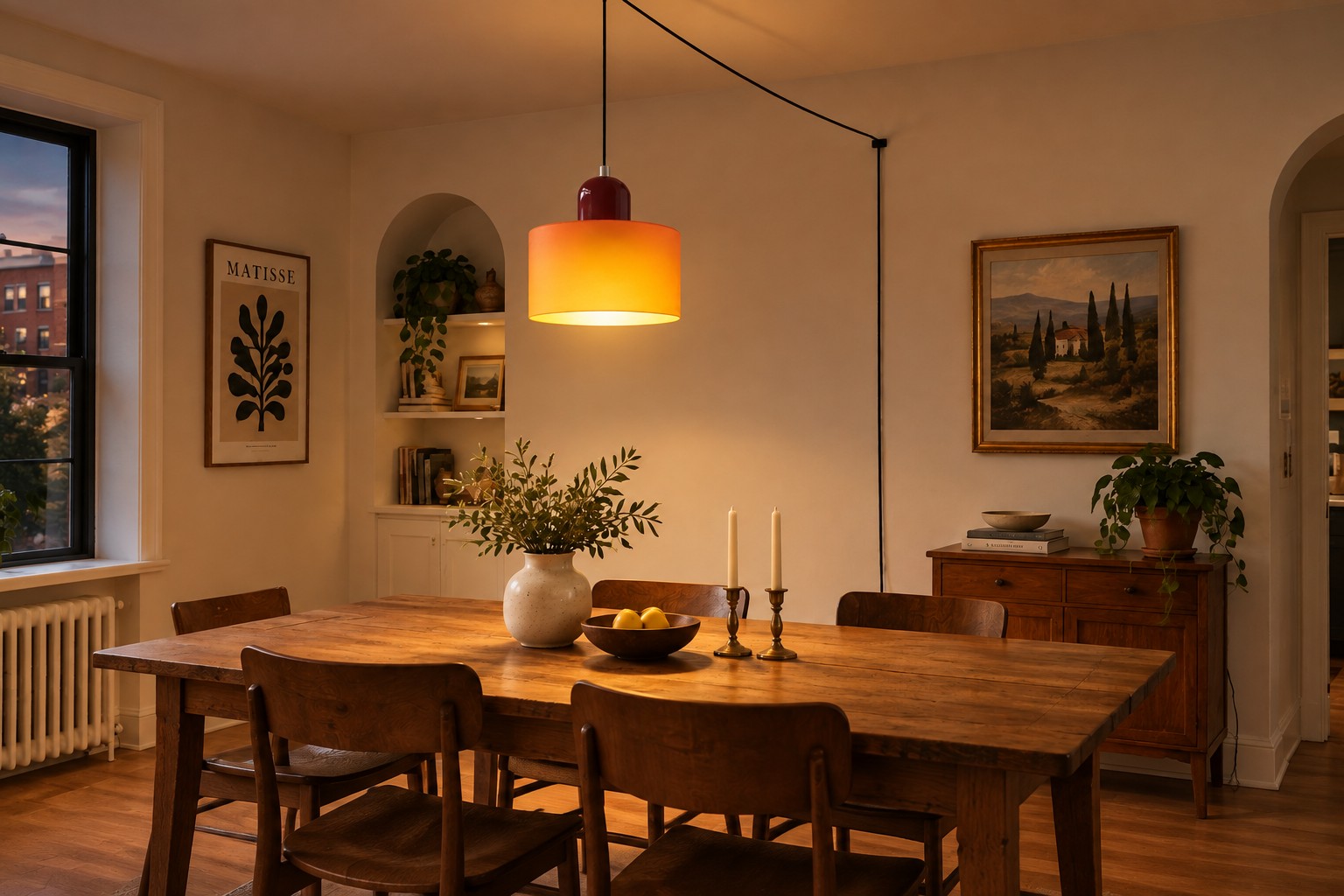 Mid-century macaron plug-in pendant light switched on