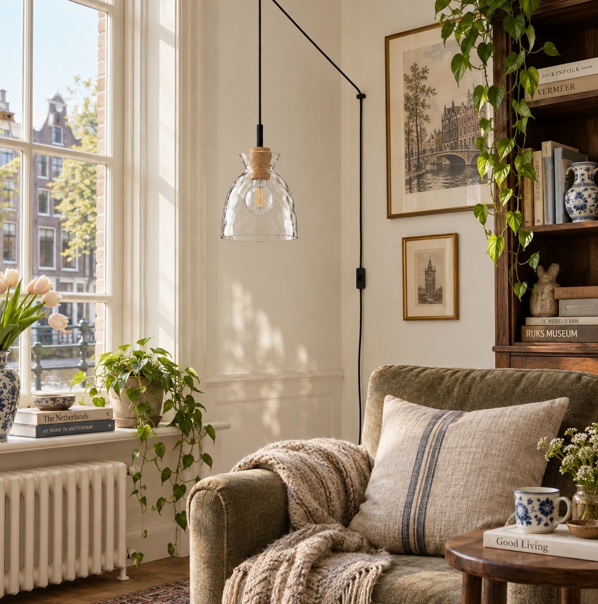 Style A ripple glass pendant beside an armchair in a reading corner