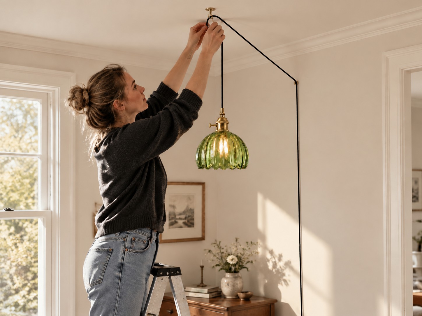 Installation overview for the green flower glass pendant, showing hanging supports, shade attachment, inline switch, and plug-in connection