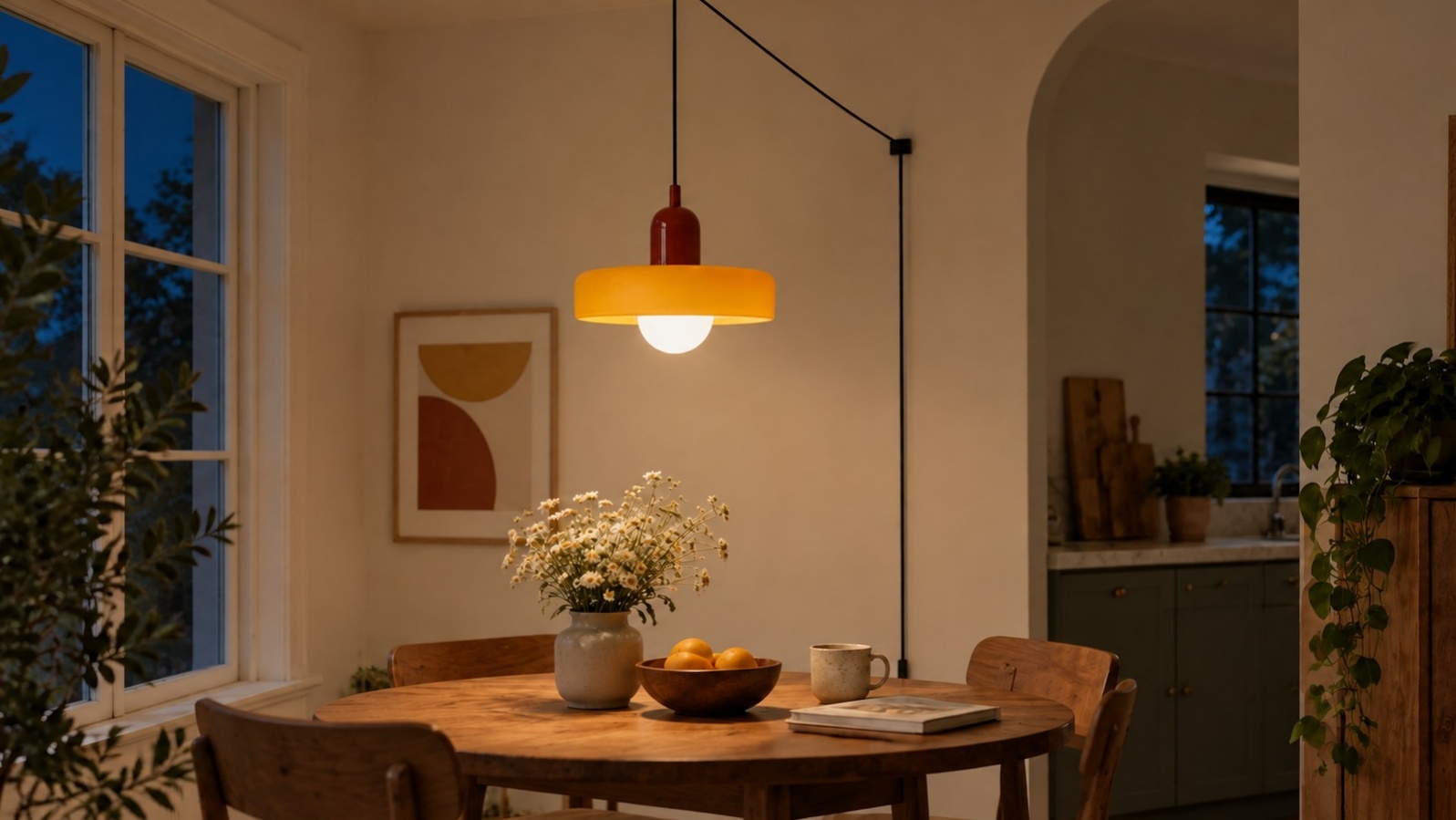 Colorful pendant illuminated above a dining table