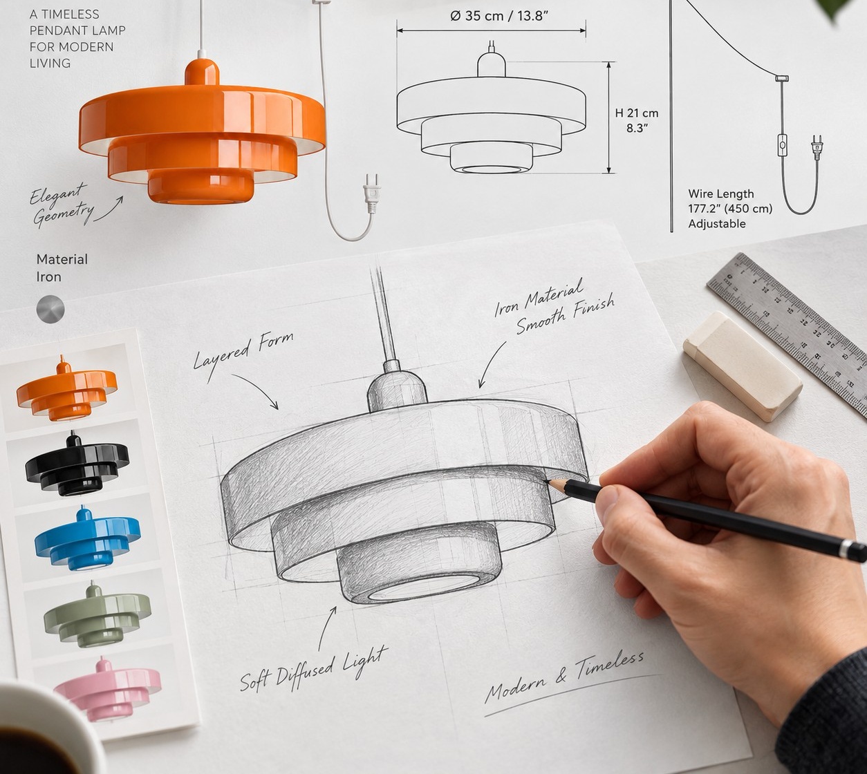 Orange layered pendant light product design sketch and material reference