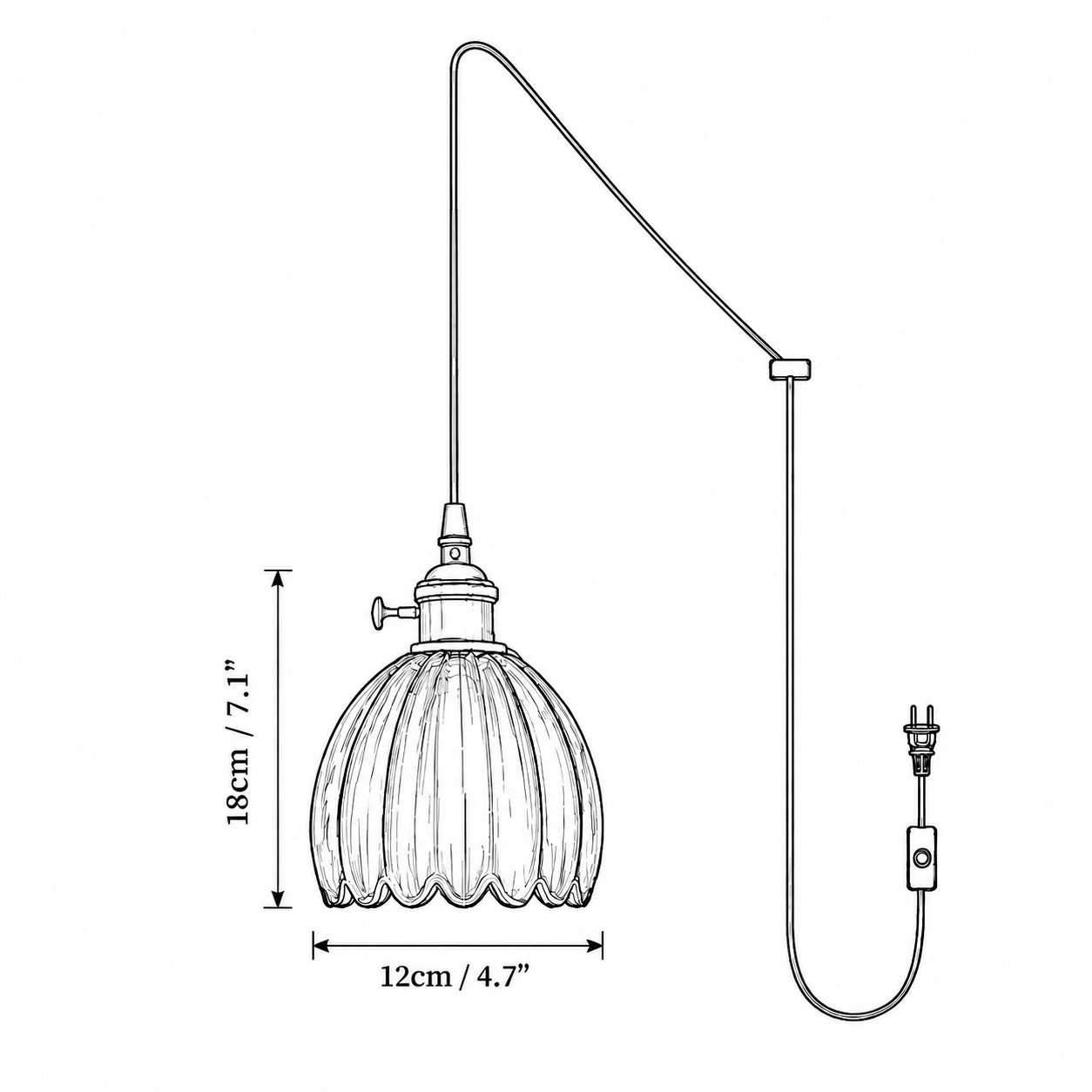 Flower glass shade dimensions: diameter 12 cm / 4.7 inches and height 18 cm / 7.1 inches; external cord with inline switch and plug