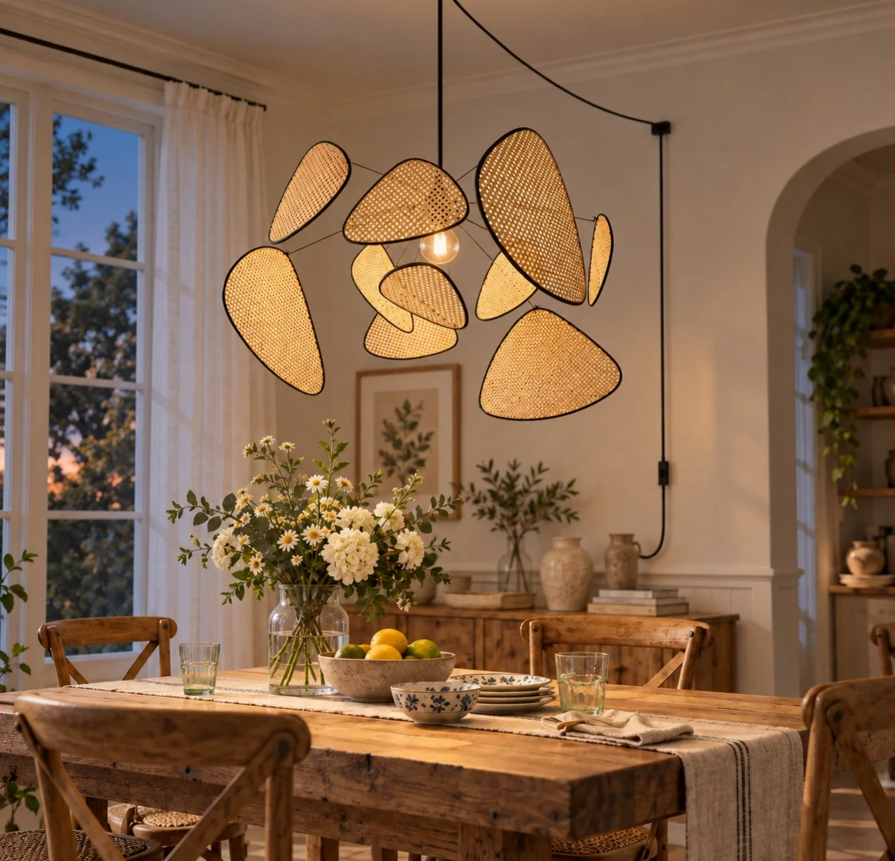 Layered bamboo chandelier illuminated in the same dining room