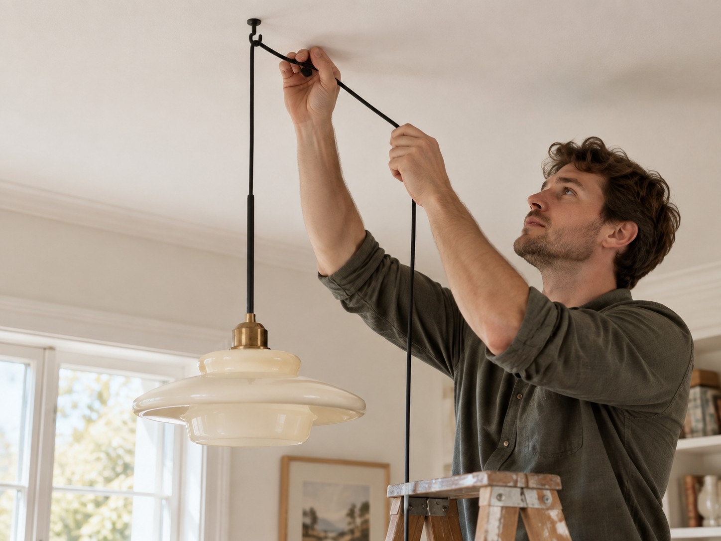 Pendant installation overview showing hanging hooks, shade assembly, plug connection and inline switch