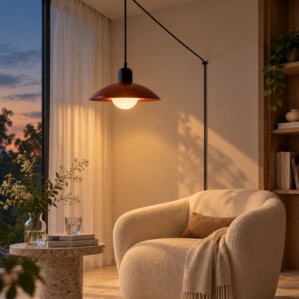 Mid Century Bauhaus plug-in pendant light in a flexible home setting