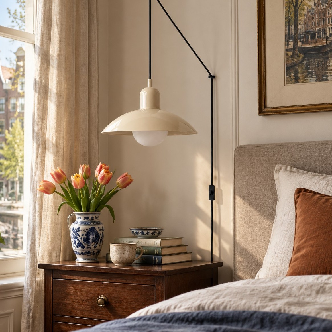 Mid Century Bauhaus plug-in pendant light beside a bed