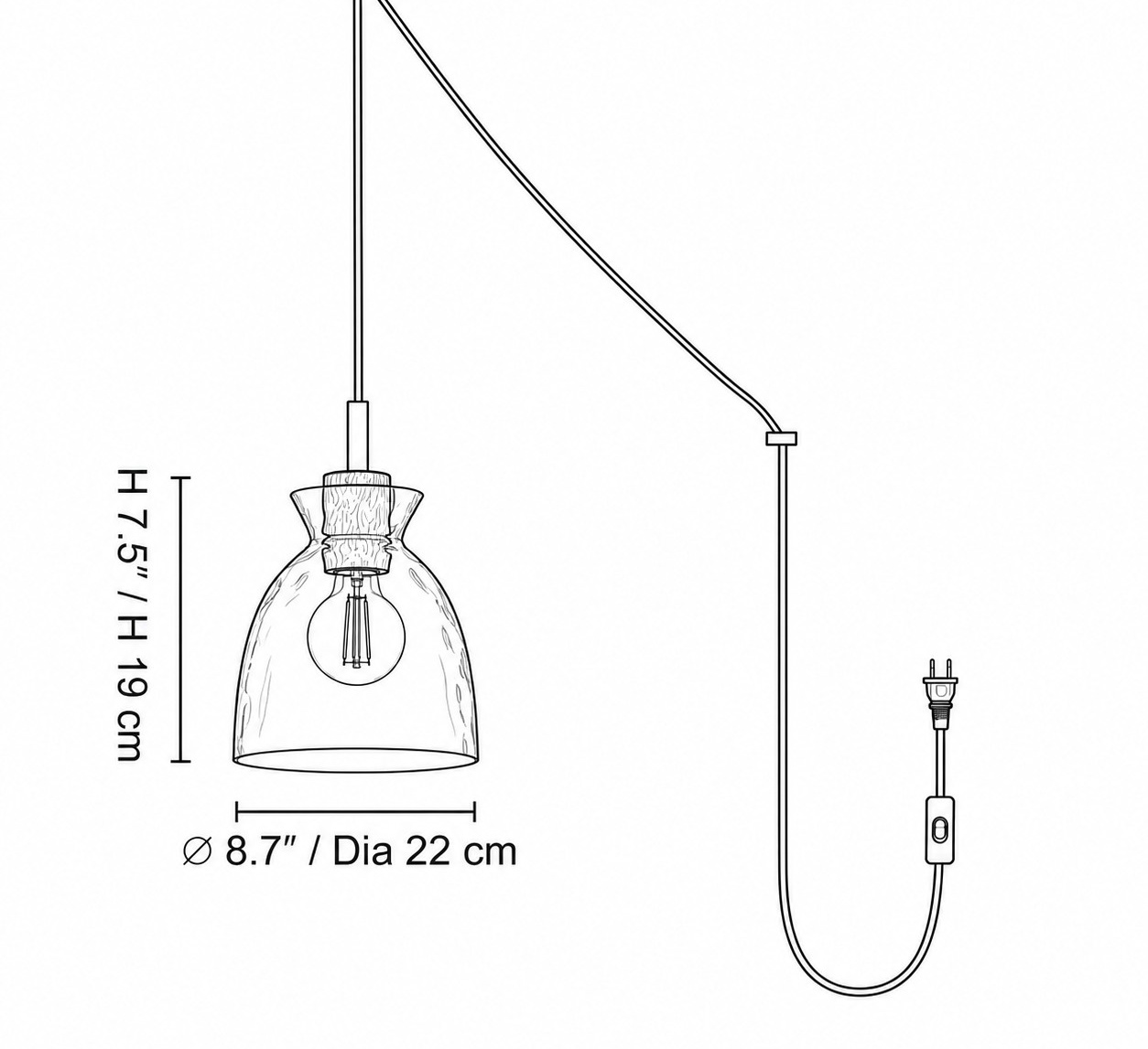 Style A dimension diagram: ∅ 8.7″ × H 7.5″ / D22 cm × H 19 cm
