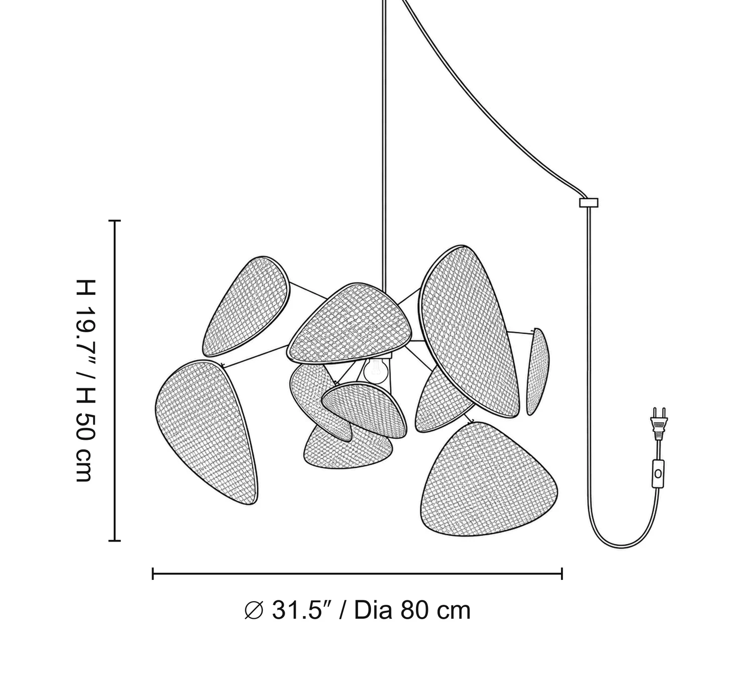 Size B diagram: diameter 31.5 inches by height 19.7 inches, or diameter 80 centimetres by height 50 centimetres