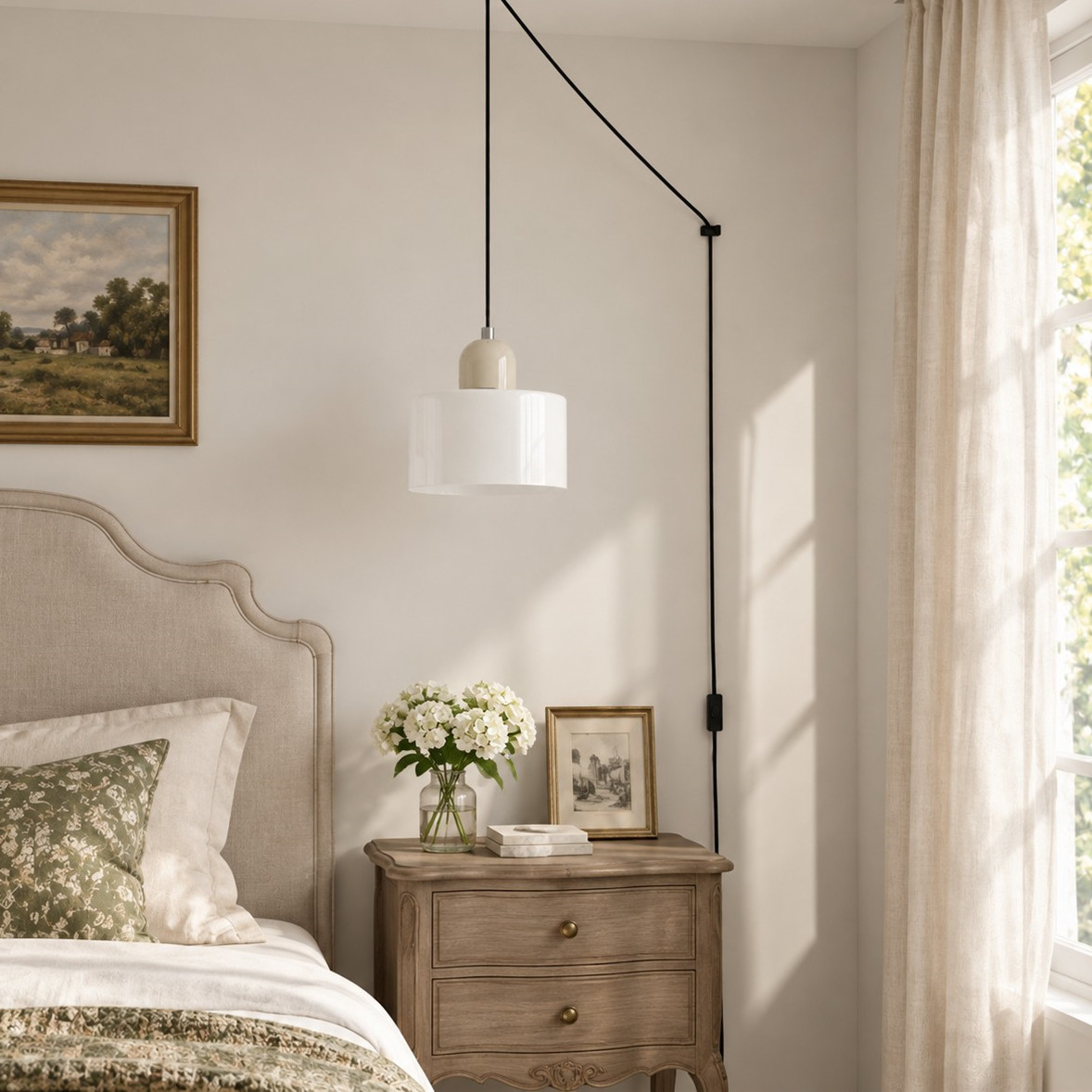 Plug-in pendant light used in a bedroom