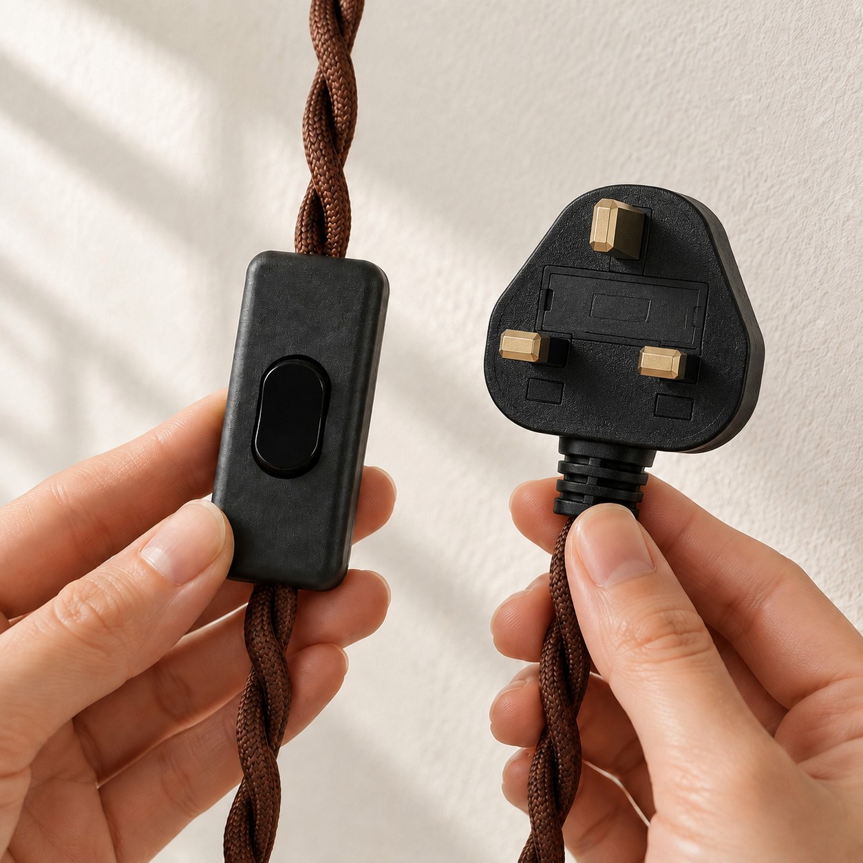 Enchufe británico de tres clavijas e interruptor en línea en el cable trenzado marrón