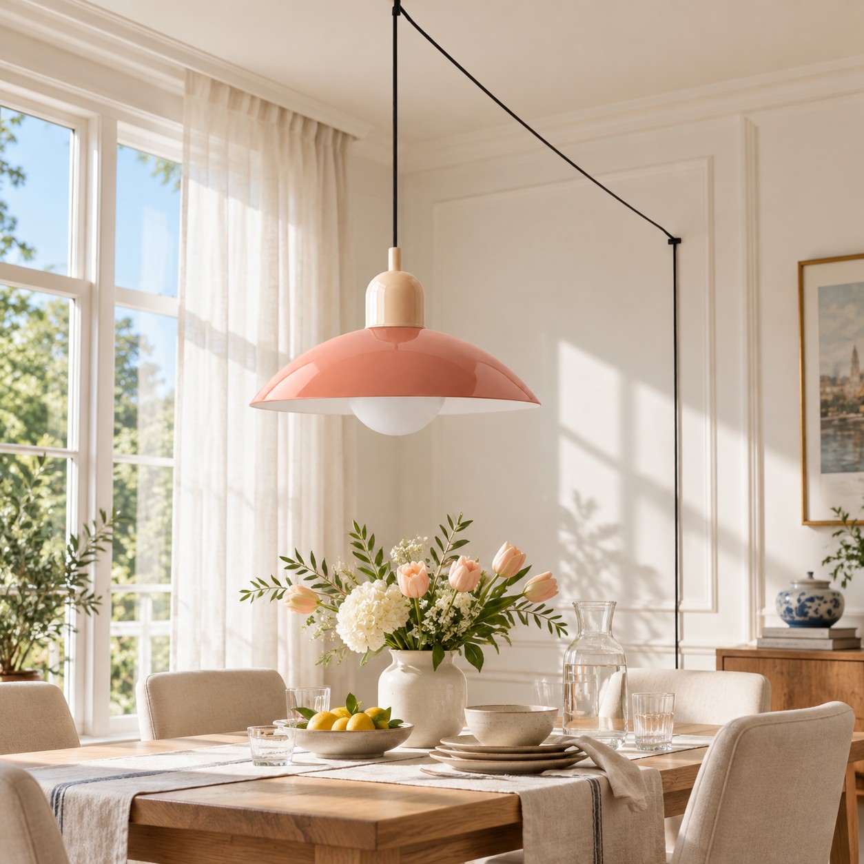 Mid Century Bauhaus plug-in pendant light in a dining room