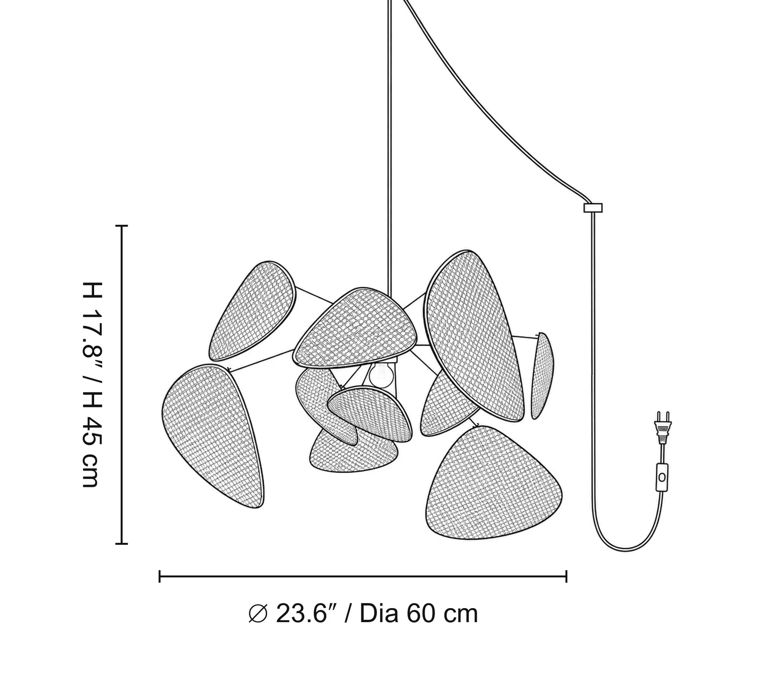 Size A diagram: diameter 23.6 inches by height 17.8 inches, or diameter 60 centimetres by height 45 centimetres
