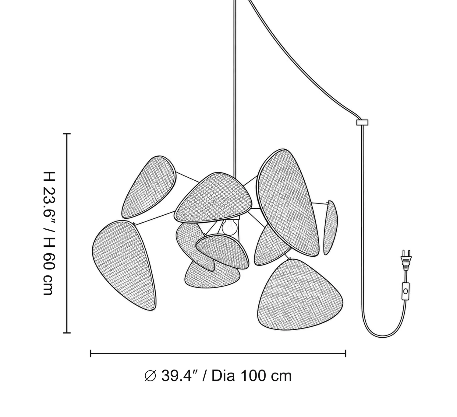 Size C diagram: diameter 39.4 inches by height 23.6 inches, or diameter 100 centimetres by height 60 centimetres