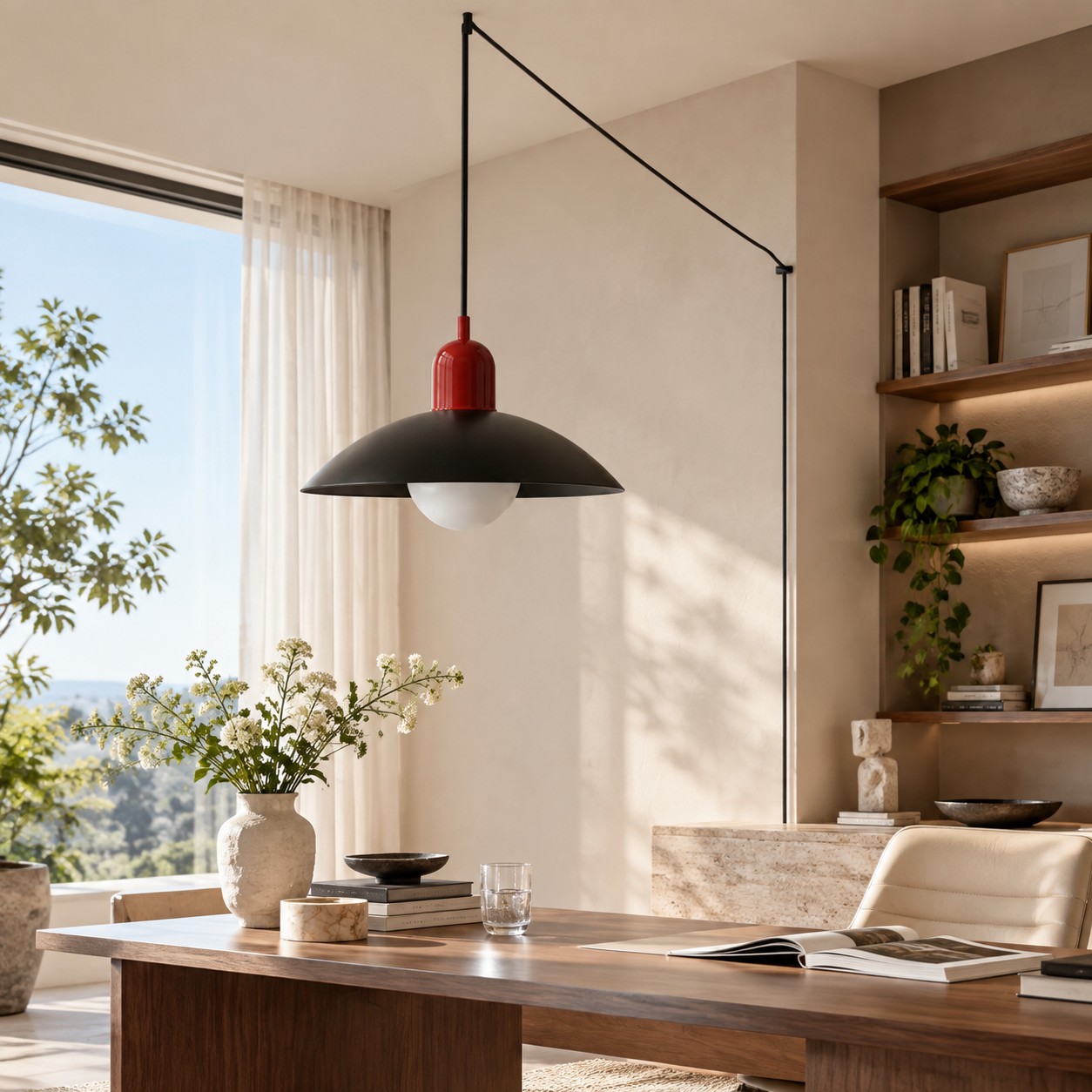 Mid Century Bauhaus plug-in pendant light in a home study