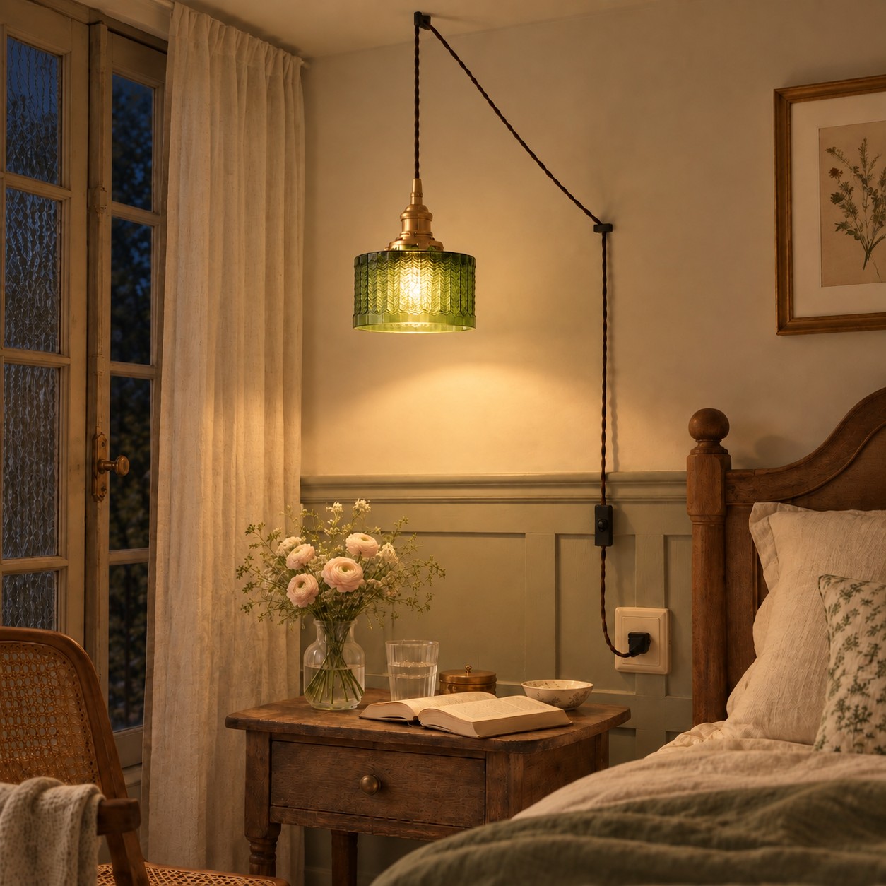 Colgante de cristal verde Cavella centrado junto a una cama de estilo suave a la luz del día