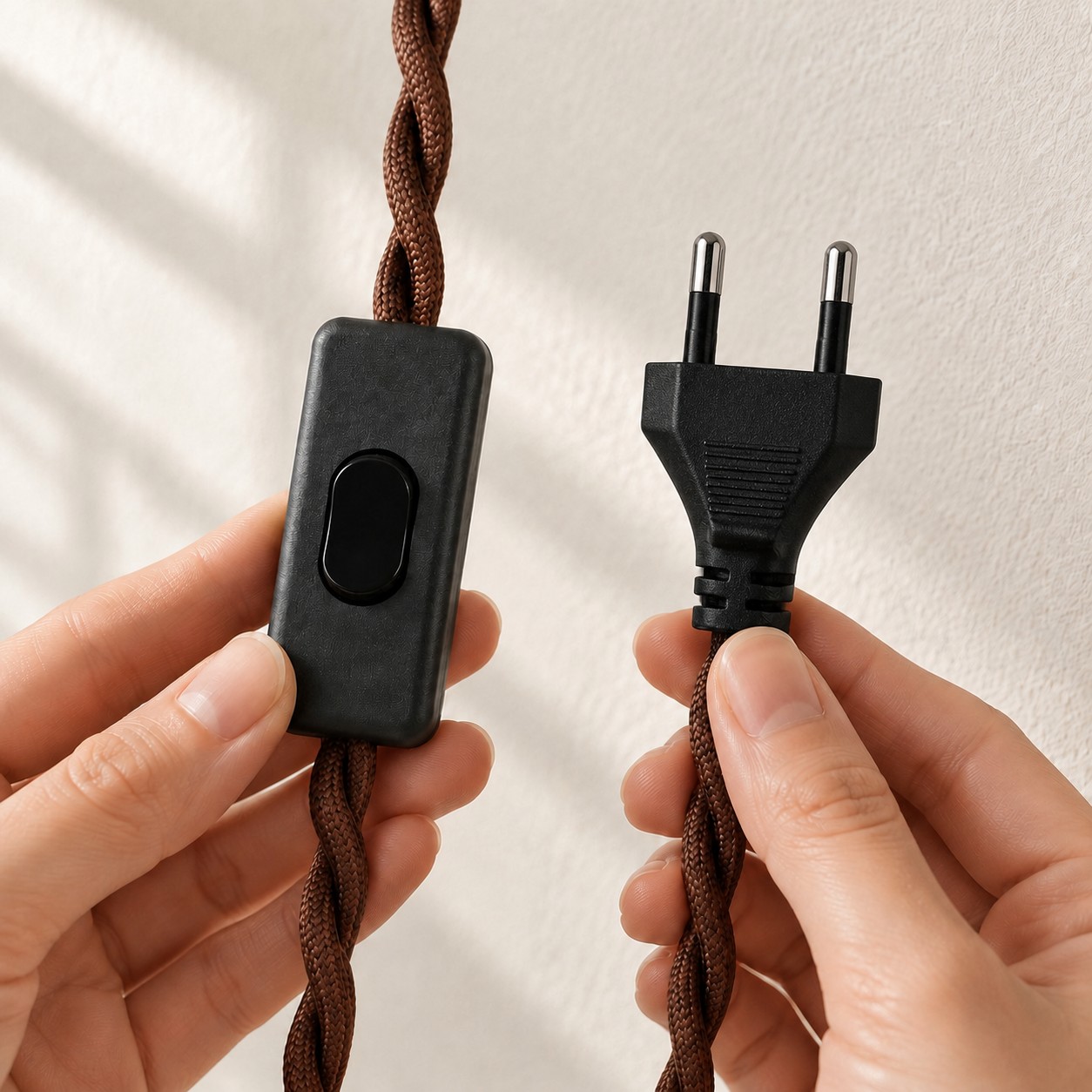 Enchufe europeo de dos clavijas e interruptor en línea en el cable trenzado marrón