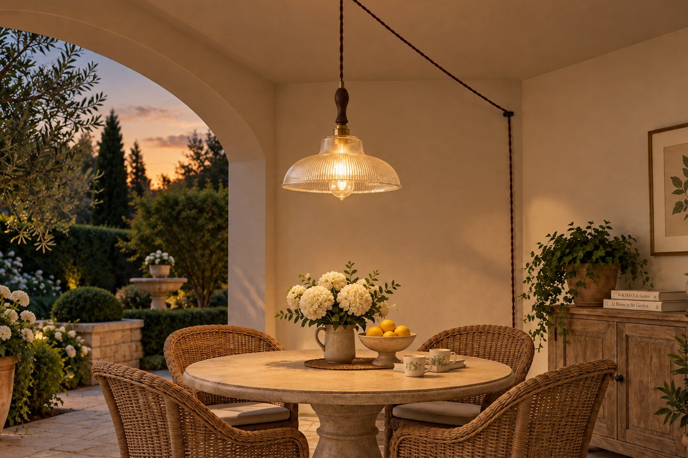Vintage ribbed glass plug-in pendant illuminated