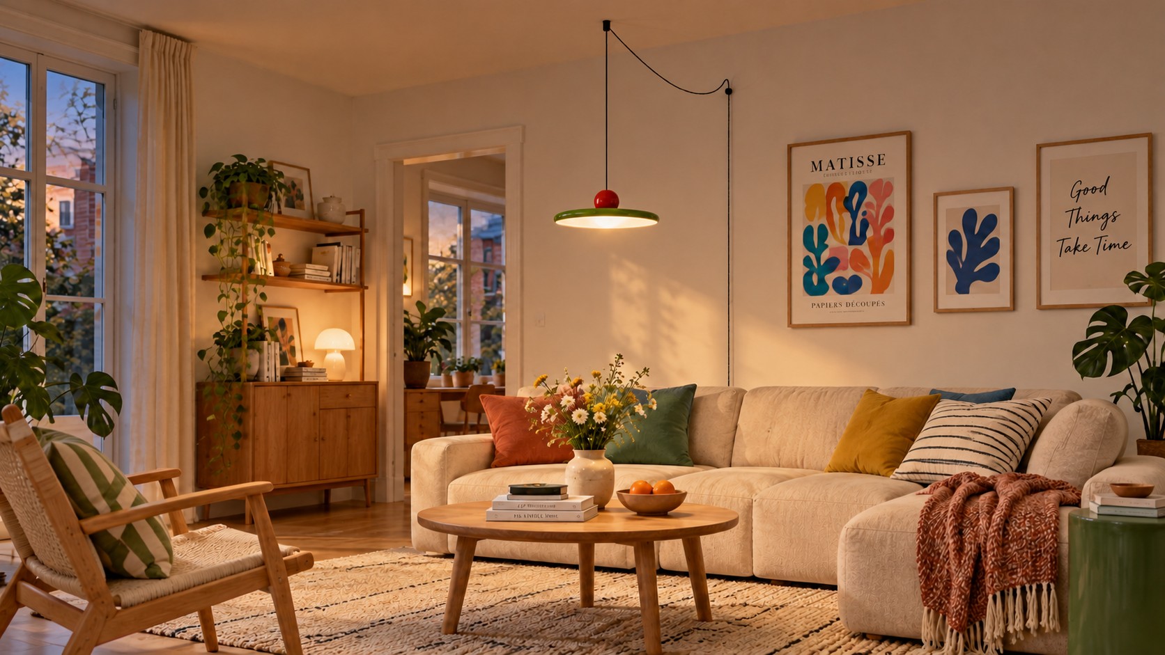 Lola pendant swag light over a dining table, light off