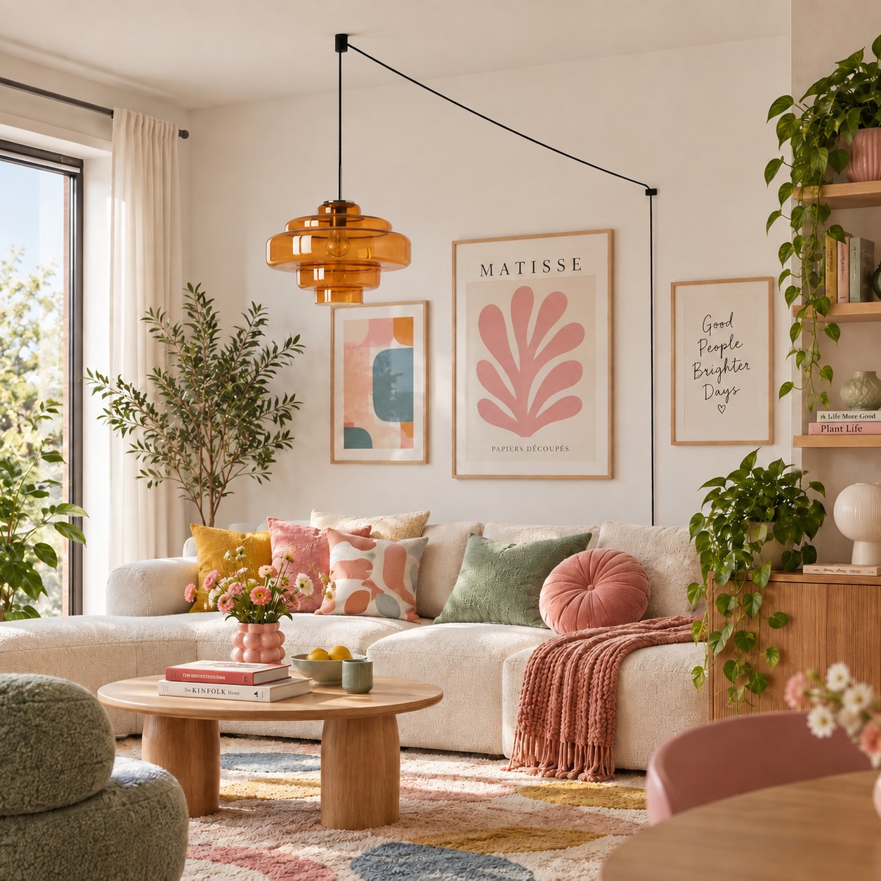 Millie pendant over a living room sofa