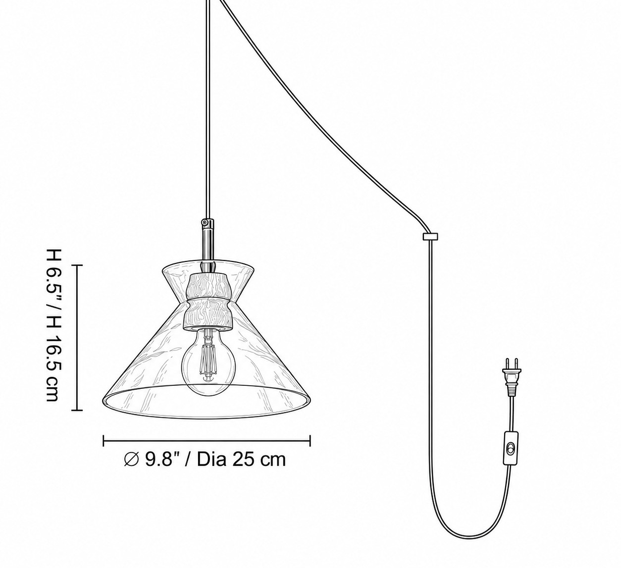 Style B dimension diagram: ∅ 9.8″ × H 6.5″ / D25 cm × H 16.5 cm