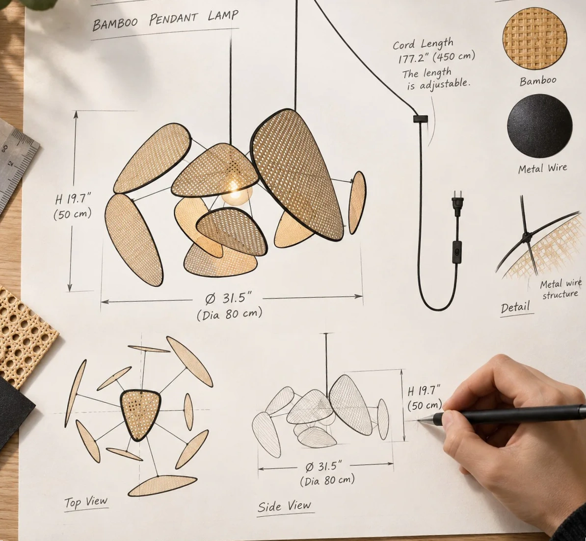 Product design board showing bamboo, metal structure, adjustable cord and chandelier views