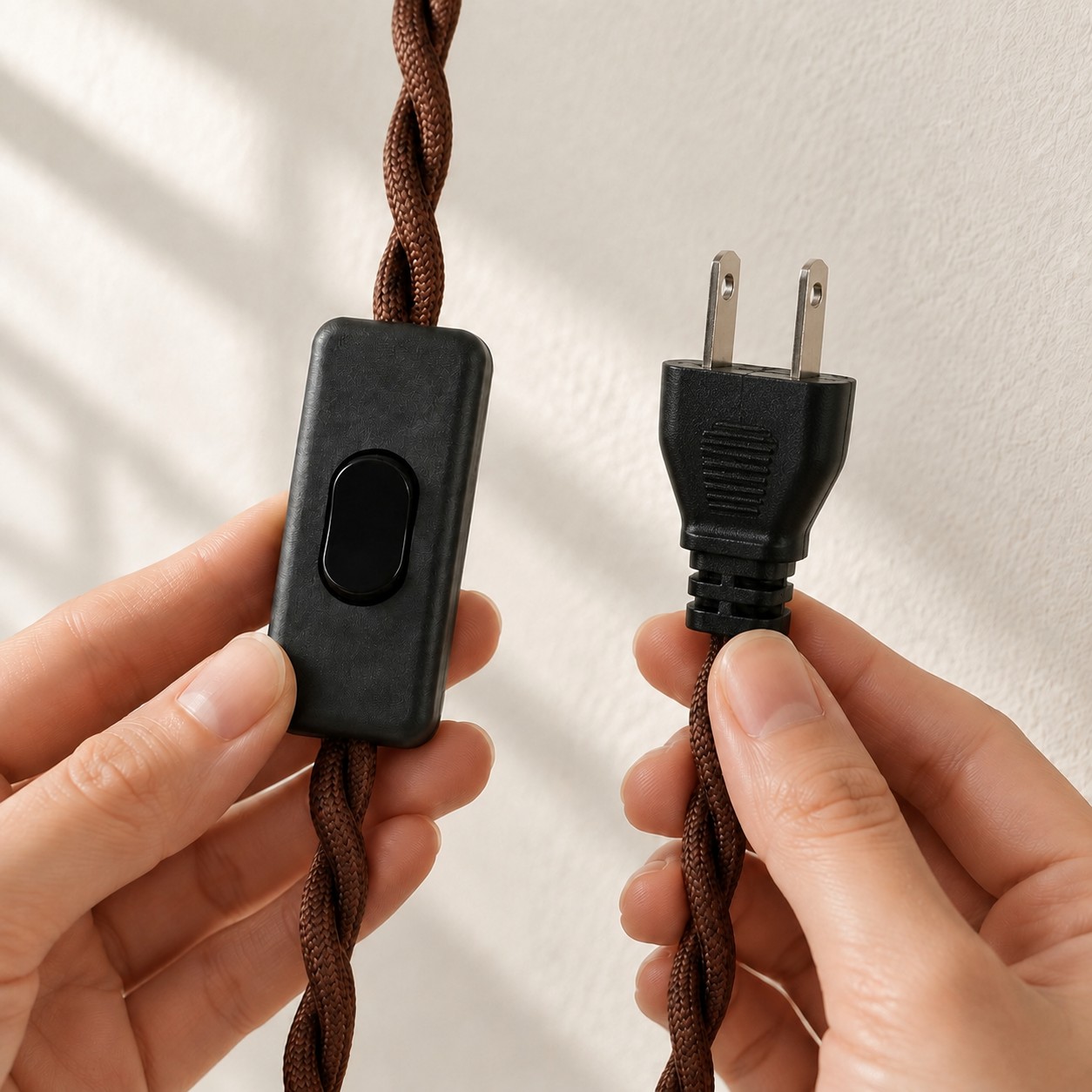 Enchufe estadounidense de dos clavijas e interruptor en línea en el cable trenzado marrón