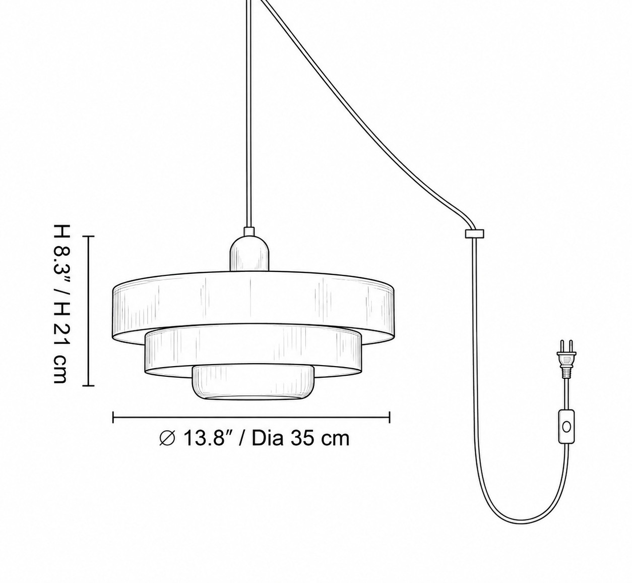 Pendant light dimension drawing with cord length and measurements