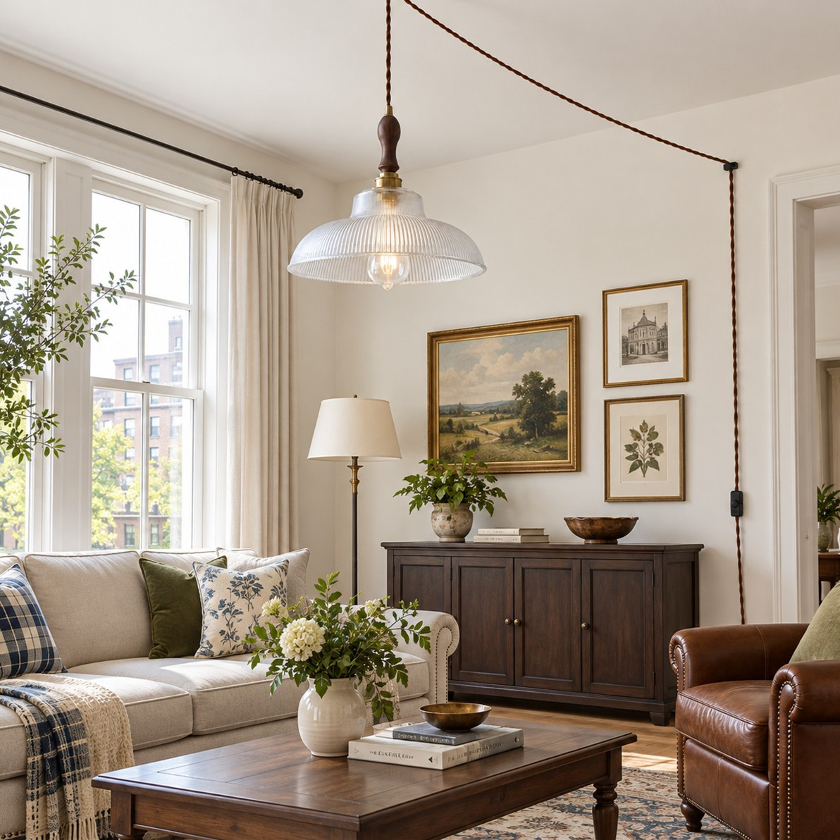 Plug-in swag pendant in a living room