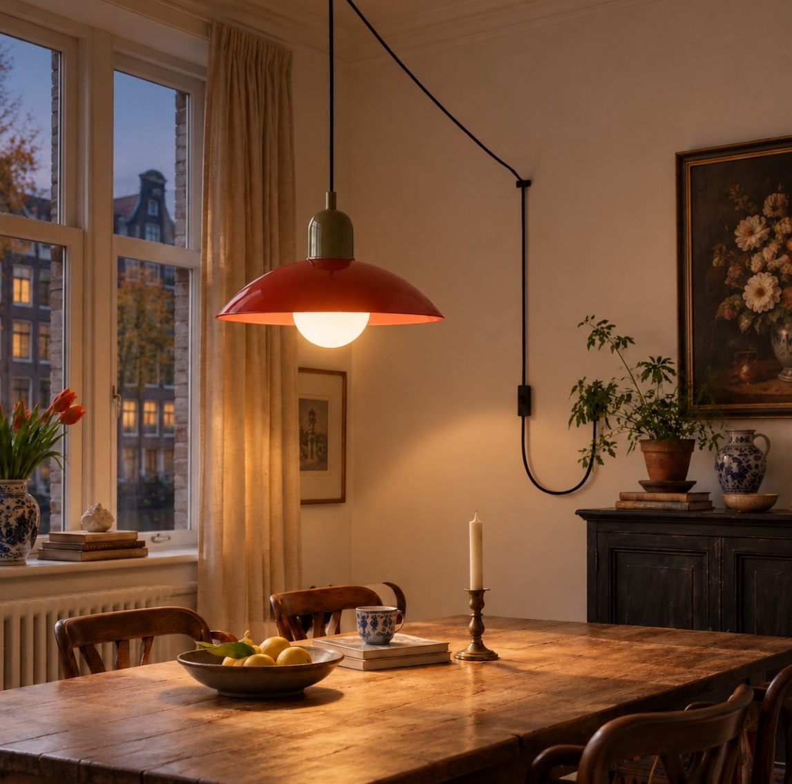 Mid Century Bauhaus plug-in pendant light switched on