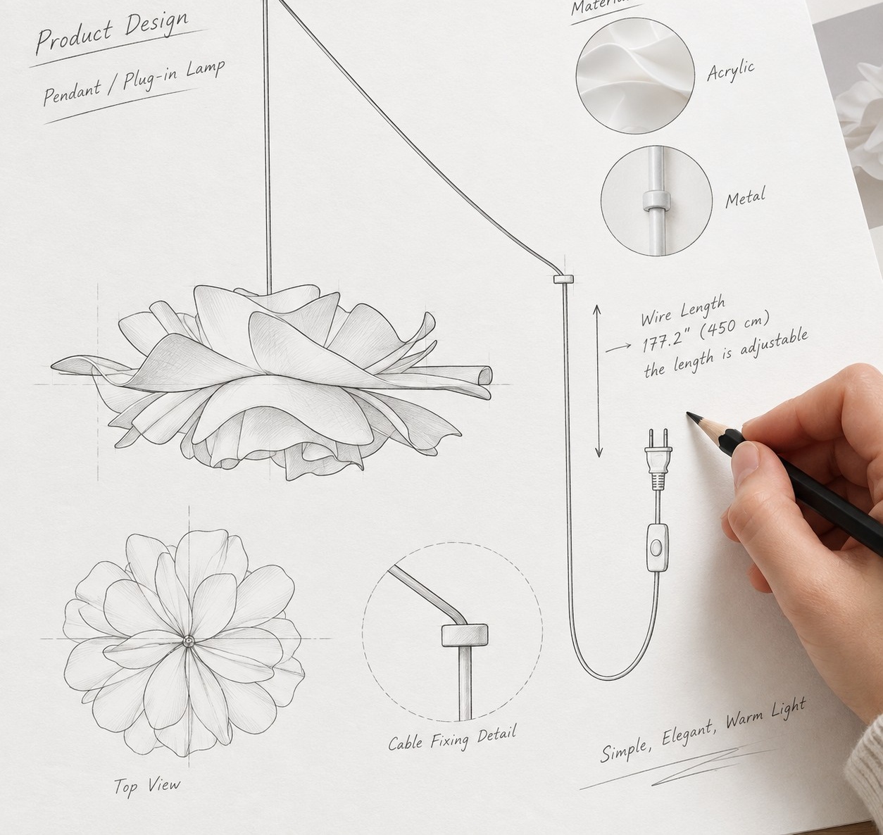 Product design drawing showing acrylic petals, metal structure and adjustable cord
