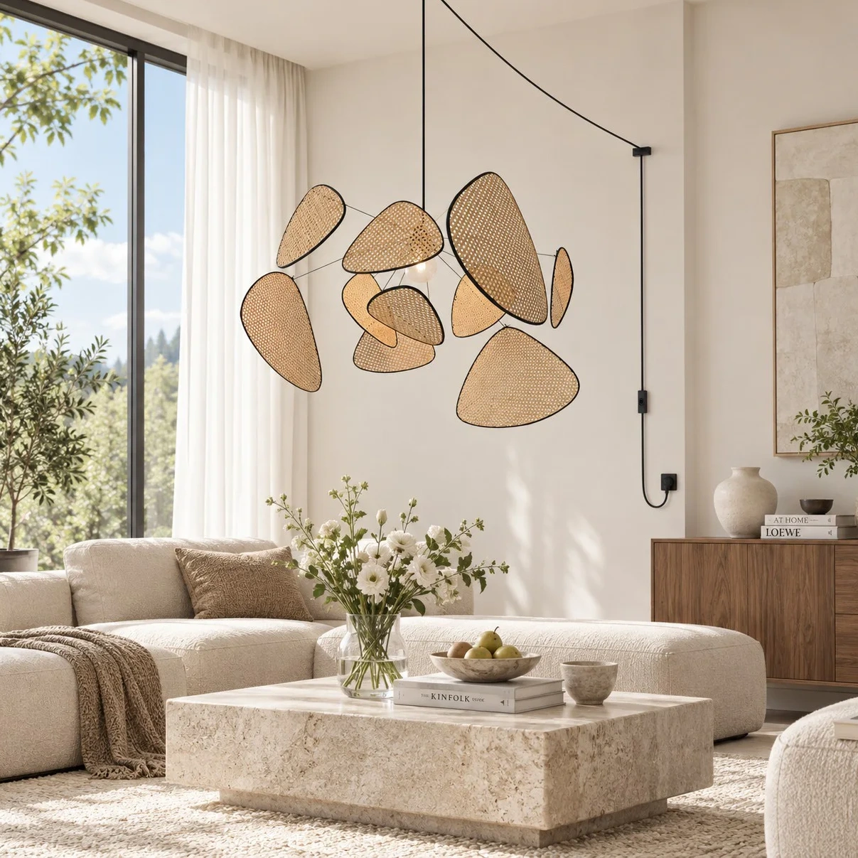 Layered bamboo chandelier in a neutral living room