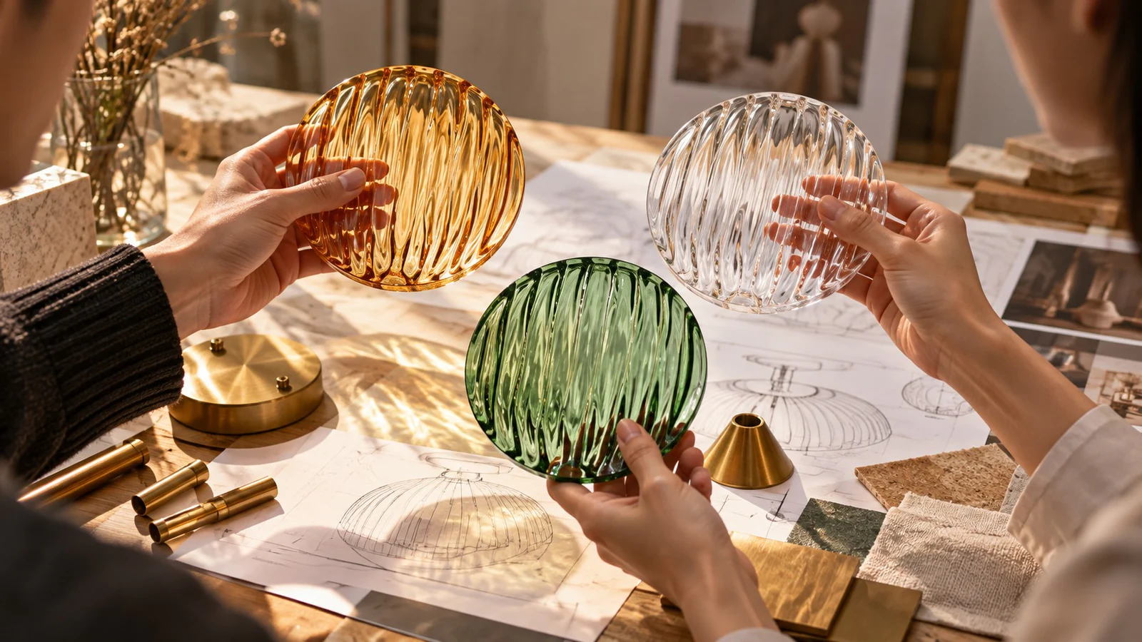 Clear amber and green ribbed glass samples with brushed brass components