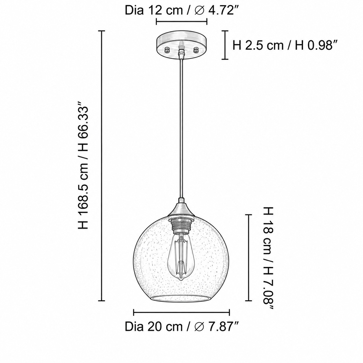 Medium globe pendant dimensions: shade diameter 7.87 in and height 7.08 in (20 cm and 18 cm)