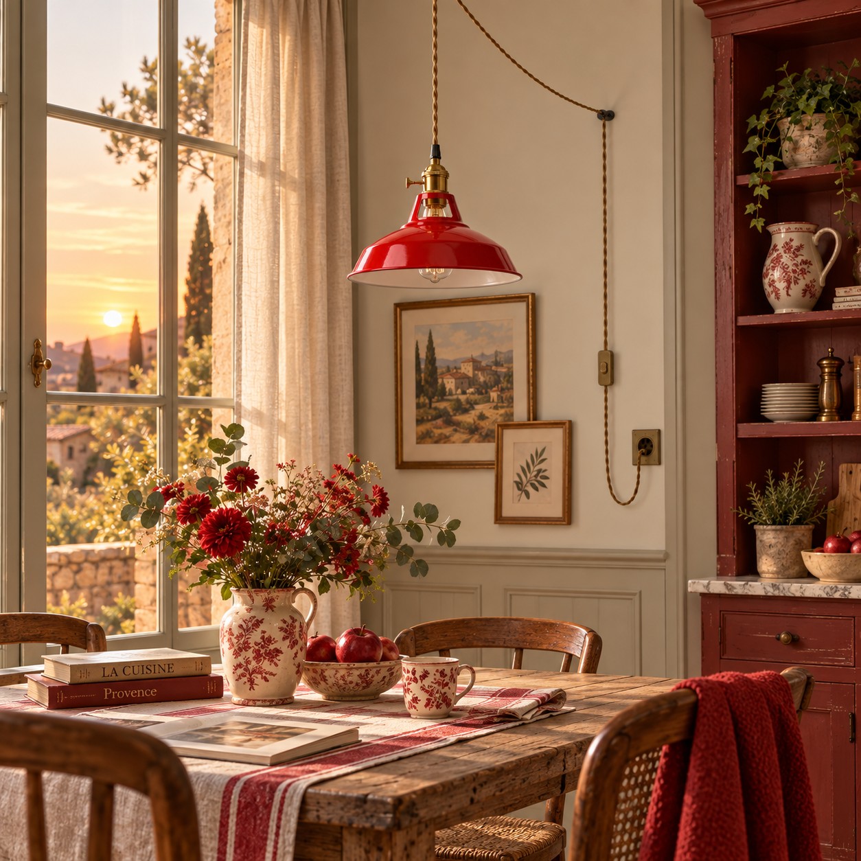 Red metal plug-in pendant in a country kitchen
