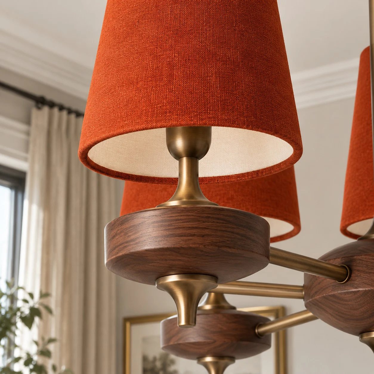 Warm red velvet shade and walnut-toned lamp holder