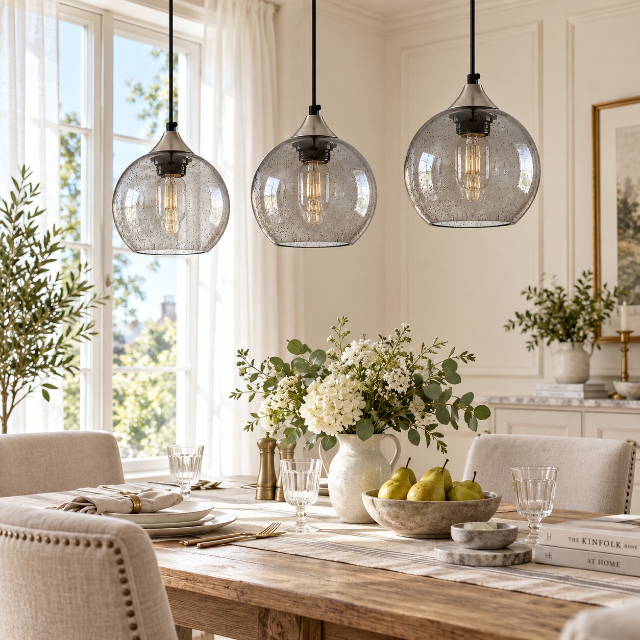 Sage green pendants above a kitchen island