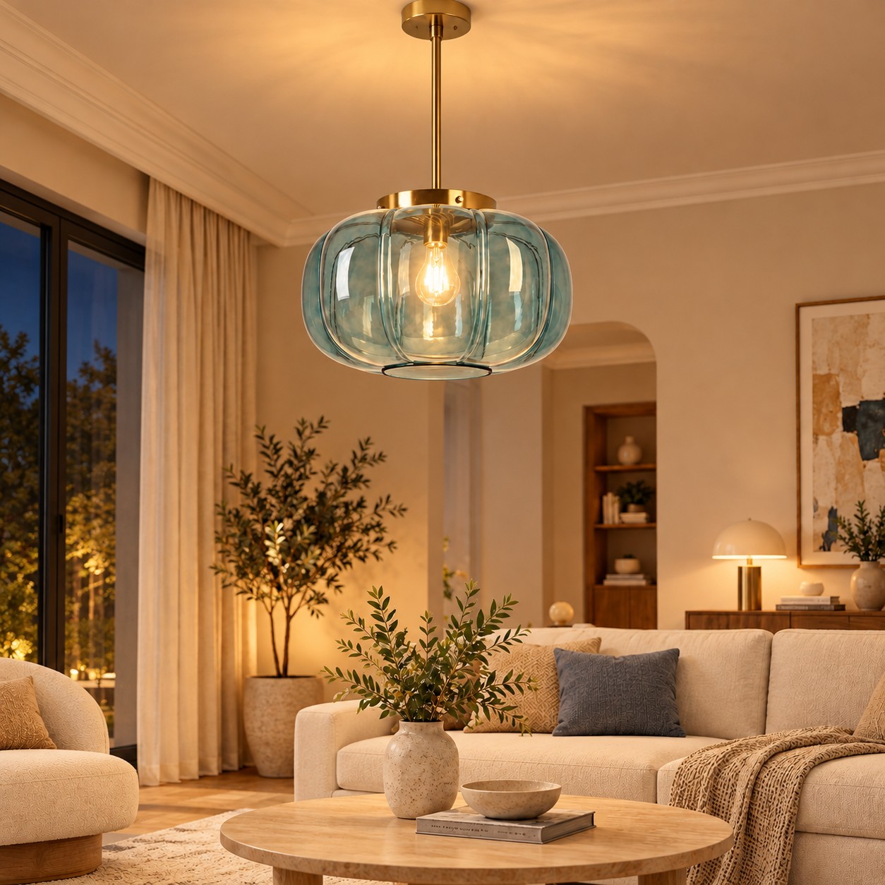 Lampadario in vetro rigato illuminato